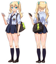 Rule 34 | 1girl, alternate color, aqua eyes, bag, bag charm, blonde hair, breasts, cellphone, character profile, character sheet, charm (object), commentary request, crest, handbag, highres, iphone, loafers, loose necktie, multiple views, necktie, original, phone, pleated skirt, red-p, scrunchie, shoes, skirt, sleeves rolled up, small breasts, smartphone, smile, socks