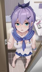 Rule 34 | 1girl, @ @, absurdres, after masturbation, aqua eyes, armpit crease, azur lane, black bow, blue eyes, blush, bow, bracelet, breasts, chaye mo, checkered clothes, checkered skirt, commander (azur lane), commentary request, cross hair ornament, dildo, dutch angle, embarrassed, from above, full body, hair bow, hair ornament, heavy breathing, highres, indoors, javelin (azur lane), jewelry, looking at viewer, medium breasts, medium hair, open mouth, opening door, portrait (object), pov, purple hair, pussy juice, sex toy, shirt, skirt, solo, standing, vibrator, wavy mouth, white shirt
