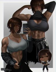 1girl abs absurdres breasts brown_eyes brown_hair cellphone chibi cleavage dark-skinned_female dark_skin elbow_gloves flexing gloves highres holding holding_phone lemonluke101 limbus_company mouth_hold multiple_views muscular muscular_female outis_(project_moon) pants phone project_moon selfie short_hair single_elbow_glove smartphone sports_bra tongue tongue_out track_pants