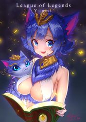 Rule 34 | 1girl, animal ears, bad id, bad pixiv id, bibico, blue eyes, blue hair, book, breasts, cat, cat ears, cat girl, character name, choker, cleavage, dated, dual persona, highres, humanization, league of legends, looking at viewer, medium breasts, open mouth, short hair, smile, solo, tail, upper body, yuumi (league of legends)
