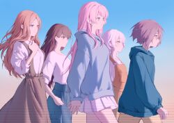 5girls bang_dream! bang_dream!_it&#039;s_mygo!!!!! black_hair blue_sky brown_hair chihaya_anon hand_on_own_chest hcq25535058 highres kaname_raana long_hair long_sleeves multiple_girls nagasaki_soyo pink_hair shiina_taki shirt short_hair skirt sky t-shirt takamatsu_tomori walking white_hair white_skirt