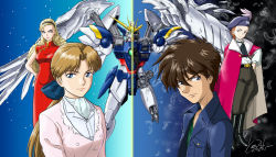 Rule 34 | 1boy, 3girls, ascot, beret, black hairband, blonde hair, blouse, blue bow, bow, breasts, brown hair, cape, china dress, chinese clothes, damaged, dorothy catalonia, dress, flat chest, forked eyebrows, fur trim, green eyes, green shirt, grey headwear, gundam, gundam wing, gundam wing endless waltz, hair behind ear, hair bow, hairband, hand on own hip, hat, heero yuy, jacket, leaning back, long hair, looking to the side, mariemaia khushrenada, mecha, mechanical wings, medium breasts, mobile suit, multiple girls, parted bangs, pink cape, pink jacket, ponytail, red dress, relena peacecraft, robot, shirt, short hair, smile, tokita kouichi, v-fin, wing gundam zero custom, wings