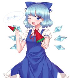 Rule 34 | 1girl, ;d, absurdres, blue bow, blue dress, blue eyes, blue hair, blush, bow, cirno, cowboy shot, dark jewel (gem oblivion), dress, english text, engrish text, food, hair bow, highres, holding, ice, ice wings, looking at viewer, neck ribbon, one eye closed, open mouth, popsicle, puffy short sleeves, puffy sleeves, ranguage, red ribbon, ribbon, short hair, short sleeves, simple background, smile, solo, speech bubble, touhou, watermelon bar, white background, wings