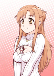 Rule 34 | 10s, 2girls, asuna (sao), between breasts, blush, breasts, brown eyes, brown hair, cleavage, cleavage cutout, clothing cutout, gradient background, large breasts, long hair, long sleeves, meme attire, mini person, minigirl, mother and daughter, multiple girls, open-chest sweater, person between breasts, polka dot, polka dot background, ribbed sweater, size difference, smile, sweater, sword art online, turtleneck, ueyama michirou, under another&#039;s clothes, yui (sao)