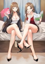Rule 34 | 2girls, :d, black footwear, black jacket, black skirt, blunt bangs, book, breasts, brown eyes, brown hair, cleavage, commentary request, crossed ankles, dress, hand on own chin, high heels, highres, holding, holding book, indoors, jacket, large breasts, legs, long hair, looking at viewer, multiple girls, nr noir, office lady, on bed, open mouth, original, parted bangs, pencil dress, pencil skirt, red shirt, shirt, shoe dangle, shoe soles, sidelocks, sitting, skirt, smile, thighs, watch, white jacket, white shirt, wooden floor