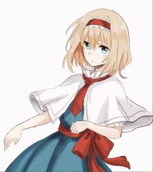 Rule 34 | 1girl, alice margatroid, blonde hair, blue dress, blue eyes, bow, capelet, commentary request, dress, expressionless, frilled sleeves, frills, hair between eyes, hairband, long hair, looking at viewer, necktie, raki (for03ge), red bow, red hairband, red necktie, red sash, sash, short sleeves, simple background, solo, touhou, upper body, white background, white capelet