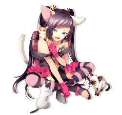 Rule 34 | 1girl, animal ears, artistic error, bad id, bad pixiv id, blue eyes, boots, cat, cat ears, cat tail, earrings, fang, hakusai (tiahszld), high heel boots, high heels, indian style, jewelry, nail polish, open shoes, original, shoes, sitting, solo, striped clothes, striped thighhighs, tail, thighhighs, toeless legwear, toenail polish, toenails, toes, white background, wrong foot