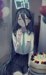 Rule 34 | 1girl, absurdres, aris (blue archive), balloon, black hair, black skirt, blue archive, blue necktie, cake, candle, closed eyes, collared shirt, food, hairband, halo, hand up, highres, kyatto-mikazu, long hair, long sleeves, necktie, one side up, pleated skirt, shirt, sitting, skirt, smile, solo, v, very long hair, white shirt