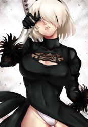 Rule 34 | 1girl, black dress, black gloves, blindfold, blonde hair, breasts, cleavage, dress, eyepatch, eyepatch lift, feather-trimmed sleeves, gankami, gloves, grey background, grey eyes, groin, hair over one eye, large breasts, leotard, looking at viewer, mole, mole under mouth, nier (series), nier:automata, one eye covered, parted lips, solo, sword, thighs, weapon, 2b (nier:automata)