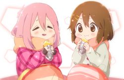 Rule 34 | 2girls, atu, blanket, blush, brown eyes, brown hair, closed eyes, coat, commentary request, crossover, eating, fingerless gloves, food, food focus, food on face, gloves, grey coat, hair between eyes, hair ornament, hairclip, hands up, hexagon, hirasawa yui, k-on!, kagamihara nadeshiko, light particles, long hair, manga time kirara, multiple girls, open mouth, orange scarf, pink coat, pink hair, pink scarf, scarf, simple background, sweet potato, upper body, white background, yurucamp