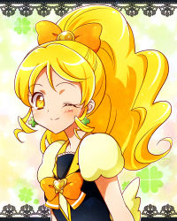 Rule 34 | 10s, 1girl, blonde hair, bow, bowtie, brooch, cure honey, earrings, hair bow, happinesscharge precure!, heart, heart brooch, jewelry, kagami chihiro, long hair, magical girl, one eye closed, oomori yuuko, precure, puffy sleeves, smile, solo, wide ponytail, wink, yellow eyes