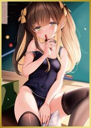 Rule 34 | 1girl, black one-piece swimsuit, black thighhighs, blush, bow, breasts, brown hair, chalkboard, choker, classroom, covered navel, green eyes, hair bow, hair ornament, hairclip, indoors, looking at viewer, melonbooks, one-piece swimsuit, original, pen, school swimsuit, sitting, small breasts, solo, strap slip, sweatdrop, swimsuit, test score, thighhighs, twintails, yunmi 0527