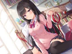 Rule 34 | 1girl, absurdres, ale nqki, between legs, black hair, black thighhighs, blurry, blurry background, blush, bow, bowtie, breasts, cardigan, closed mouth, collar, depth of field, dutch angle, hair ornament, hairclip, hand between legs, highres, indoors, leash, long hair, looking at viewer, medium breasts, non-web source, original, plaid, plaid skirt, pleated skirt, purple eyes, school uniform, sidelocks, sitting, skirt, sleeves past wrists, smile, solo, thighhighs, wariza