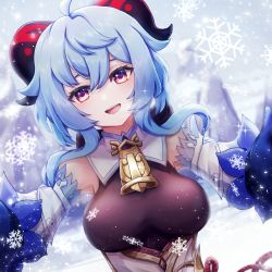 1girl absurdres bare_shoulders bell blue_hair blush bodysuit bow breasts detached_sleeves ganyu_(genshin_impact) genshin_impact goat_horns gold_trim green_eyes highres horns long_hair looking_at_viewer medium_breasts neck_bell open_mouth pochaimo reaching reaching_towards_viewer smile snowflakes snowing solo teeth upper_body upper_teeth_only