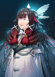 Rule 34 | 1girl, absurdres, black hair, chinese commentary, closed eyes, coat, columbina (genshin impact), commentary request, eye mask, frilled jacket, frills, fur trim, genshin impact, gradient hair, hair wings, head wings, highres, jacket, ly.t, multicolored hair, open mouth, red hair, smile, solo, streaked hair, two-tone hair, upper body, white coat, white mask, wing hair ornament, wings