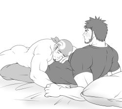 Rule 34 | 2boys, ass, bara, billy (gyee), blush, clothed male nude male, couple, facial hair, feet out of frame, goatee, greyscale, gyee, lying, male focus, master (gyee), mature male, monochrome, multiple boys, muscular, muscular male, nose blush, nude, on back, on bed, on stomach, pectoral press, shirt, short hair, sideburns, sleeping, sleeping on person, smile, sunfight0201, waking up, yaoi