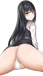 Rule 34 | 1girl, asashio (kancolle), ass, ass focus, black dress, black hair, blue eyes, blush, closed mouth, dress, from behind, highres, kantai collection, long hair, looking at viewer, looking back, lying, mizushina minato, on stomach, panties, pantyshot, partially visible vulva, pinafore dress, shirt, simple background, sleeveless dress, solo, spread legs, straight hair, underwear, upskirt, white background, white dress, white panties, white shirt