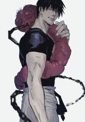 Rule 34 | 1boy, biceps, black hair, black shirt, chain, cowboy shot, creature, closed eyes, fushiguro touji, grey eyes, hair between eyes, highres, holding, holding creature, jujutsu kaisen, looking at viewer, male focus, open mouth, pants, parted lips, scar, scar on face, scar on mouth, shirt, short hair, short sleeves, simple background, smile, standing, teeth, tight clothes, tight shirt, toned, toned male, weapon, white background, white pants, yi di (iogymj)