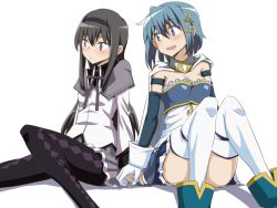 Rule 34 | 10s, 2girls, :d, akemi homura, argyle, argyle clothes, argyle legwear, armband, bad id, bad pixiv id, black hair, blue eyes, blue footwear, blue hair, blue skirt, boots, bow, bowtie, breasts, cape, cleavage, corset, female focus, flt (furuto), fortissimo, gloves, grey skirt, hair between eyes, hair ornament, hairband, hairclip, holding hands, legs, long hair, long sleeves, looking at another, looking away, mahou shoujo madoka magica, mahou shoujo madoka magica movie 1 &amp; 2, medium breasts, miki sayaka, multiple girls, musical note, musical note hair ornament, open mouth, pantyhose, parted lips, purple eyes, short hair, shy, simple background, skirt, small breasts, smile, strapless, thighhighs, white background, white gloves, white legwear, yuri, zettai ryouiki