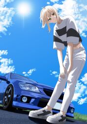 Rule 34 | 1girl, absurdres, black shirt, blonde hair, blue sky, car, commentary request, from below, full body, highres, leaning, looking at viewer, love live!, love live! nijigasaki high school idol club, medium hair, midriff, miyashita ai, motor vehicle, multicolored shirt, orange eyes, outdoors, pants, ponytail, s sho mkrn, shirt, shoes, short sleeves, sidelocks, sky, solo, standing, striped clothes, striped shirt, toyota, toyota altezza, white footwear, white pants, white shirt