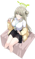 Rule 34 | 1girl, black bow, black skirt, blue archive, bow, breasts, cardigan, cizzi, closed mouth, collared shirt, commentary, cropped legs, dress shirt, green eyes, grey hair, hair between eyes, hair bow, hair rings, halo, highres, lanyard, lap pillow invitation, large breasts, long hair, mimikaki, nonomi (blue archive), notice lines, off shoulder, open cardigan, open clothes, plaid, plaid skirt, shirt, simple background, sitting, skirt, smile, solo, very long hair, white background, white shirt, yellow cardigan