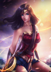 Rule 34 | 1girl, artist name, axsen, bag, bare shoulders, black hair, blue eyes, breasts, circlet, collarbone, dc comics, large breasts, lasso, lasso of truth, light particles, miniskirt, pteruges, signature, skirt, smile, solo, strapless, superhero costume, watermark, web address, wonder woman, wonder woman (series)