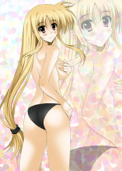 Rule 34 | 00s, 1girl, blonde hair, covering privates, covering breasts, fate testarossa, highres, long hair, lyrical nanoha, mahou shoujo lyrical nanoha, mahou shoujo lyrical nanoha strikers, oda ken&#039;ichi, panties, ponytail, red eyes, solo, underwear, zoom layer