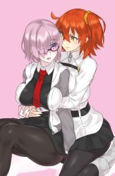 Rule 34 | 2girls, :d, ahoge, arm support, belt, black-framed eyewear, black dress, black pantyhose, black skirt, blush, boots, breast hold, breasts, closed mouth, collared shirt, couple, dress, fate/grand order, fate (series), female focus, fujimaru ritsuka (female), glasses, hair between eyes, hair ornament, hair over one eye, hair scrunchie, holding hands, hug, hug from behind, jacket, large breasts, light purple hair, lips, long sleeves, looking at another, looking back, mash kyrielight, mizuumi (bb), multiple girls, necktie, open mouth, orange hair, pantyhose, pleated skirt, purple background, purple eyes, red necktie, scrunchie, shirt, short hair, side ponytail, simple background, sitting, skirt, smile, type-moon, uniform, white footwear, white shirt, white uniform, yellow eyes, yellow scrunchie, yuri