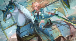 Rule 34 | 1girl, armor, ascot, bird, blonde hair, blue eyes, blue footwear, boots, building, day, fantasy, feathers, hair between eyes, highres, holding, holding sword, holding weapon, horse, horseback riding, long hair, nagasawa tougo, original, outdoors, parted lips, riding, sitting, sky, sword, thigh boots, thighhighs, tiara, twitter username, weapon, white ascot