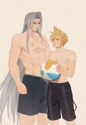Rule 34 | 2boys, absurdres, ball, beachball, black male swimwear, blonde hair, blue eyes, chicken movement, closed mouth, cloud strife, commentary request, earrings, final fantasy, final fantasy vii, green eyes, grey hair, highres, holding, holding ball, holding beachball, jewelry, long bangs, long hair, male focus, male swimwear, multiple boys, parted bangs, sephiroth, short hair, single earring, spiked hair, standing, swim trunks, tan, tanline, topless male