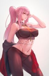 Rule 34 | 1girl, breasts, highres, hololive, hololive english, jacket, jewelry, large breasts, midriff, mori calliope, myth1carts, navel, necklace, pink hair, ponytail, red eyes, solo, toned, virtual youtuber