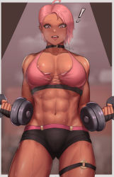 Rule 34 | 1girl, abs, absurdres, ahoge, arms at sides, bare shoulders, breasts, buruma, cameltoe, choker, cleavage, dark-skinned female, dark skin, ear piercing, exercising, fluffydus, highres, large breasts, leg strap, looking down, muscular, muscular female, open mouth, original, piercing, pink eyes, pink hair, short hair, shorts, signature, sports bra, standing, steam, steaming body, stomach, sweat, tearing clothes, thigh strap, torn clothes, torn sports bra, weightlifting, weights, yuna (fluffydus)