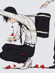 Rule 34 | 1boy, alternate body fluid, bag, bags under eyes, belt, black footwear, black hair, black necktie, coughing flowers, cross-laced footwear, flower, from side, grey background, highres, long sleeves, looking at hand, looking down, male focus, mitsubachi (roundbee), necktie, original, out of frame, outstretched arm, pants, petals, profile, reaching, red flower, red rose, rose, school bag, school uniform, shirt, short hair, simple background, socks, solo focus, squatting, standing, tears, white footwear, white pants, white shirt