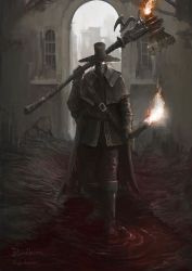 Rule 34 | 1other, ambiguous gender, blood, bloodborne, boots, brown cape, brown footwear, brown headwear, brown jacket, brown pants, cape, copyright name, glowing, glowing eye, hammer, highres, holding, holding hammer, holding torch, holding weapon, jacket, looking at viewer, old hunter (bloodborne), outdoors, pants, standing, torch, tripdancer, weapon