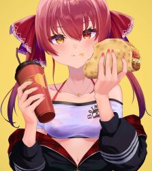 Rule 34 | 1girl, bikini, collarbone, crop top, cup, disposable cup, drinking straw, eating, eyes visible through hair, food, hair ribbon, heart, heart-shaped pupils, heterochromia, highres, holding, holding cup, hololive, houshou marine, houshou marine (summer), jewelry, looking at viewer, midriff, navel, pendant, red bikini, red eyes, red hair, ribbon, solo, sugoi yowai, swimsuit, symbol-shaped pupils, taco, twintails, virtual youtuber, yellow eyes