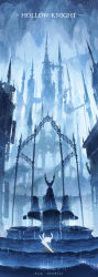 Rule 34 | 2boys, absurdres, arsh (thestarwish), artist name, black cloak, bridge, castle, cloak, copyright name, fountain, grey cloak, highres, hollow knight, hollow knight (character), knight (hollow knight), looking at another, multiple boys, outdoors, painterly, rain, scenery, sign, stalactite, standing, sword, tower, water, weapon, weapon on back