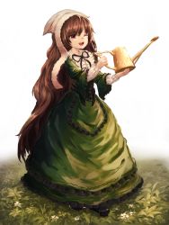Rule 34 | 1girl, ;d, absurdly long hair, absurdres, bad id, bad pixiv id, black footwear, black ribbon, bonnet, brown hair, dress, frilled dress, frills, full body, grass, green dress, highres, holding, long hair, long sleeves, nob1109, one eye closed, open mouth, red eyes, ribbon, rozen maiden, smile, solo, suiseiseki, teeth, very long hair, watering, white background