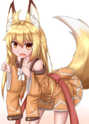 Rule 34 | 1girl, ahoge, animal ear fluff, animal ears, bare shoulders, blonde hair, brown eyes, clenched hands, collarbone, cowboy shot, dress, fang, fox ears, fox tail, gradient background, highres, horokusa (korai), korai (horokusa), leaning forward, long hair, long sleeves, looking at viewer, open mouth, original, simple background, solo, tail, wide sleeves