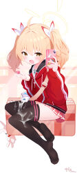Rule 34 | 1girl, absurdres, ass, black thighhighs, blonde hair, blue archive, blush, candy, cellphone, chupa chups, food, hair between eyes, halo, highres, holding, holding candy, holding food, holding phone, hood, hood down, hooded jacket, jacket, lollipop, long hair, long sleeves, looking at viewer, open mouth, phone, pleated skirt, red jacket, red skirt, simple background, sitting, skirt, smartphone, solo, suggestive fluid, thighhighs, twintails, white background, yellow eyes, yellow halo, yoshimi (blue archive), zcx