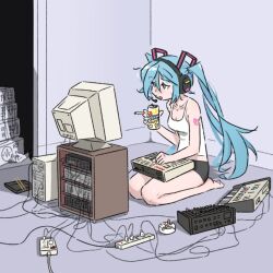 Rule 34 | 1girl, 1other, aqua hair, barefoot, breasts, cable, can, cigarette, computer, hair between eyes, hatsune miku, headphones, indoors, medium breasts, monitor, open mouth, solo, truffleduster, vocaloid, when you see it