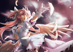 Rule 34 | 1girl, :o, breasts, cowboy shot, dress, feathered wings, feathers, floating hair, frilled dress, frills, gloves, hair ribbon, kaname madoka, long hair, looking away, mahou shoujo madoka magica, mahou shoujo madoka magica (anime), open mouth, outstretched hand, pink hair, ribbon, shaded face, small breasts, solo, sparkle, teeth, twintails, two side up, ultimate madoka, upper body, upper teeth only, very long hair, white dress, white gloves, white ribbon, wings, yayilu, yellow eyes