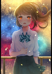 Rule 34 | 1girl, akirannu, aqua bow, aqua bowtie, backlighting, black skirt, blunt bangs, blush, bow, bowtie, breasts, bright pupils, collared shirt, commentary request, cowboy shot, fence, fireworks, green bow, highres, long hair, looking at viewer, messy hair, orange eyes, original, shirt, skirt, small breasts, solo, standing, striped bow, striped bowtie, striped clothes, white shirt