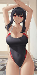 Rule 34 | 1girl, absurdres, armpits, arms up, bare shoulders, black hair, black one-piece swimsuit, blush, breasts, cleavage, collarbone, competition swimsuit, covered navel, grin, hairband, highleg, highleg swimsuit, highres, large breasts, long hair, looking at viewer, one-piece swimsuit, red eyes, sidelocks, smile, solo, spy x family, swimsuit, thighs, yor briar, zaphn