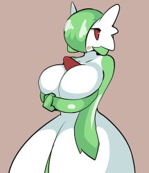 Rule 34 | 1girl, breasts, brown background, bursting breasts, cleavage, collarbone, colored skin, creatures (company), female focus, game freak, gardevoir, gen 3 pokemon, green hair, green skin, hair over one eye, hand up, huge breasts, looking away, looking to the side, multicolored skin, nintendo, open mouth, petronoise, pokemon, pokemon (creature), red eyes, shiny skin, short hair, simple background, solo, standing, two-tone skin, white skin