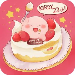 Rule 34 | anniversary, blush, cake, crumbs, closed eyes, food, fork, fruit, gurumi mami, happy birthday, kirby, kirby (series), nintendo, no humans, open mouth, red background, smile, speech bubble, star (symbol), strawberry, whipped cream