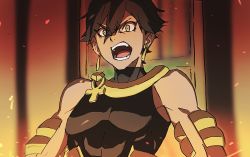 Rule 34 | 1boy, angry, ankh, bare shoulders, black shirt, brown hair, dark-skinned male, dark skin, fate/prototype, fate (series), hair between eyes, male focus, mi (pic52pic), open mouth, ozymandias (fate), shirt, sleeveless, sleeveless shirt, solo, sparks, upper body, yellow eyes