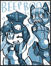 Rule 34 | 2girls, ;), android, bad id, bad tumblr id, belt pouch, blue theme, blush, fins, fish girl, gats (nougats), hair ornament, head fins, joints, minette (skullgirls), monochrome, monster girl, multiple girls, no arms, one eye closed, pouch, power symbol, robo-fortune, robot joints, shell, skullgirls, smile, wink