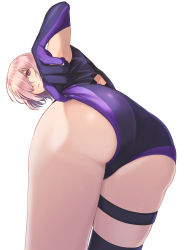 Rule 34 | 1girl, absurdres, adjusting clothes, armpits, ass, back cutout, clothing cutout, elbow gloves, fate/grand order, fate (series), feet out of frame, foreshortening, gloves, hair over one eye, highleg, highleg leotard, highres, kichannico, leotard, looking at viewer, looking back, mash kyrielight, parted lips, pink hair, purple eyes, short hair, simple background, single thighhigh, solo, thigh strap, thighhighs, thighs, white background
