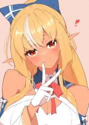 Rule 34 | 1girl, absurdres, blonde hair, bow, breasts, cleavage, cleavage cutout, clothing cutout, dark-skinned female, dark skin, detached sleeves, elf, gloves, hair bow, heart, highres, hololive, long hair, multicolored hair, pointy ears, ponytail, red eyes, sen (sen42724788), shiranui flare, shiranui flare (1st costume), simple background, solo, streaked hair, upper body, v, virtual youtuber