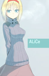 Rule 34 | 1girl, alice margatroid, arms behind back, blonde hair, blue eyes, breasts, brown skirt, character name, cowboy shot, hairband, long skirt, long sleeves, looking at viewer, onibi (foxhound4185), ribbed sweater, short hair, simple background, sketch, skirt, solo, sweater, touhou, turtleneck
